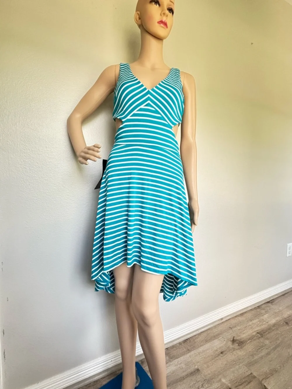 bebe Teal and White Striped High-Low Cutout Dress open back NWT - Picture 8 of 14